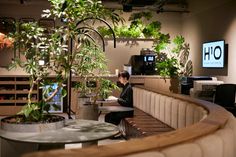 a woman sitting at a table in front of a potted plant on the wall