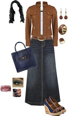 I like outfit but want and love long skirt Shirt Design For Girls, Curvy Skirt, Jean Skirt Outfits, Modest Clothes, Denim Skirt Outfits, Denim Jewelry, Trendy Skirts, Modest Wear