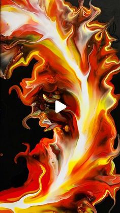 an abstract painting with red, yellow and orange colors on black background is featured in this image