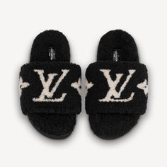 This Wintry Version Of The Paseo Flat Comfort Mule Features A Wide Front Strap In Snug Shearling With Contrasting Inserts Forming The Lv Initials And Monogram Flowers. A Shearling-Covered Footbed Provides Optimum Warmth And Softness, Making This Style Suitable For Both Indoor And Outdoor Wear. It Is Finished With A Lightweight, Treaded Rubber Outsole. Detailed Features Black Shearling Anatomic Insole Treaded Rubber Outsole Lv Initials And Monogram Flowers Made In Italy Worn Once Indoors Only For Reference I Am A Size 8.5-9 In U.S Womens Shoes Designer Black Round Toe Slippers, Designer Black Slippers With Round Toe, Lv Slides, Lv Slippers, Michael Kors Shop, Men Slides, Fuzzy Slippers, Louis Vuitton Official, Louis Vuitton Shoes