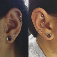 two pictures of the same person with different piercings on their ears and behind them is a woman's ear