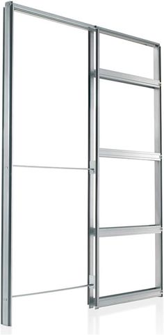 Simple, functional, strong and reliable: Eclisse Pocket Door Systems Frame Kit for a 2 in. x 4 in. wall is the perfect space saving solution for any room in the home if you wish to maximize usable floor space. The kit assembles into a galvanized steel frame with full pocket, patented removable track, everything you need to hang the door and metal door post for installation as a complete unit. Eclisse Pocket Door Systems has found a way to re-invent the pocket door and checked off every box when Eclisse Pocket Door, Pocket Door System, Pocket Door Frame, Pocket Door Hardware, Pocket Door, Storm Door, Door Kits, Space Saving Solutions, Metal Door