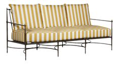 a couch with yellow and white striped cushions on it's back end, against a white background