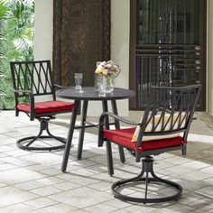 Create a one-of-a-kind centerpiece in your outdoor space with Nuu Garden Outdoor 29 Inch Round Bistro Table. It owes its popularity to being aesthetic enough, superbly practical, and wonderfully versatile among all outdoor furniture. With a black and gold powder-coated iron finish, this patio bistro table provides a modern look and protects from getting rust from all weather, making itself a must-have, everyday essential. Featuring a slat-panel design, it facilitates quick draining and offers hassle-free cleanup, ensuring long-lasting outdoor use and creating your perfect dining setup. Choose our table to refresh the look of your space outdoors or indoors and create an oasis to entertain your loved ones. Nuu Garden Round Outdoor Bistro Table 28.74-in W x 28.74-in L | TB129 Being Aesthetic, Outdoor Bistro Table, Bistro Patio, Outdoor Bistro, Bistro Table Outdoor, Outdoor Bistro Set, Outdoor Living Patio, Swivel Chairs, Red Cushions