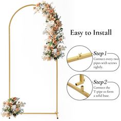 the instructions for how to install an easy and beautiful flower arrangement on a gold metal stand