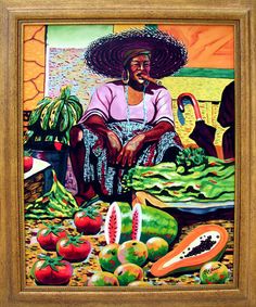 a painting of a woman sitting in front of vegetables