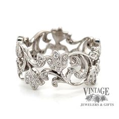 .24ct diamond floral motif 18kw gold ring — Vintage Jewelers & Gifts, LLC. Vintage Diamond Bands, Easter Lilies, Filigree Diamond Ring, Bohemian Garden, Ring Inspiration, Plain Wedding Band, Vintage Jewellery Rings, Diamond Anniversary Bands, Fancy Jewellery Designs