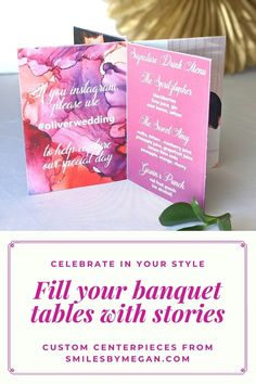 two pink and purple wedding cards with the text, celebrate in your style fill your banquet tables with stories