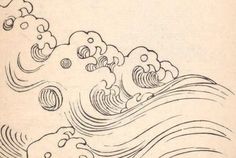 an ink drawing of waves and clouds in the sky, with one wave coming towards the viewer