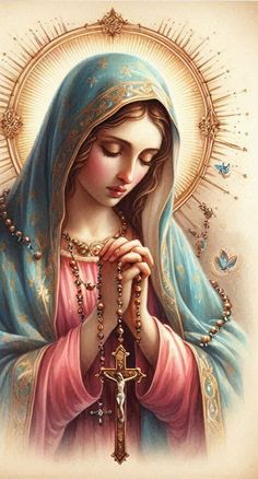 The Virgin Mary praying Our Lady Of The Rosary Image, Mother Mary Rosary Images, Beautiful Mother Mary, Mother Mary With Rosary, Blessed Virgin Mary Beautiful, Mother Mary Aesthetic, Mary With Rosary, Mama Mary Images, Rosary Images