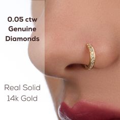 Diamond Nose Ring - 14k gold hoop set with 16 genuine diamonds in a total carat of 0.08. Wear this magnificent diamond nose ring for a full shine majestic look.  Materials: ♦ 14 karats nickel-free gold in yellow gold, rose gold, or white gold. ♦ 16 genuine conflict-free diamonds. The total carat is 0.08ct. Sizing: ♦ Gauge: 20 gauge or 18 gauge (0.8 mm or 1mm, respectively). ♦ Inner diameter: 7 mm, 8 mm, or 9 mm (slightly more than 1/4", 5/16", slightly less than 3/8" respectively). Features: ♦ C Diamond Hoop Nose Ring, Elegant Gold Nose Rings With Prong Setting, Diamond Nose Ring Hoop, Elegant Yellow Gold Diamond Nose Rings, Gold Diamond Nose Ring For Wedding, Nose Piercing Diamond, Nose Ring Diamond, Nose Ring Jewelry, Nose Piercing Hoop