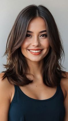 Layered Bob Long Mid Length, Classy Mid Length Hair, Straight Haircut Mid Length, Side Part Medium Length Haircut, Best Haircuts For Thick Straight Hair, Mid Length Haircut Thick Hair, Mid Hair Bangs, Mid Length Hair With Layers Fine Hair, Fine Hair Long Bob