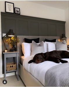 a large brown dog laying on top of a bed next to a night stand and lamp