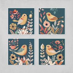 four paintings of birds and flowers on a blue background