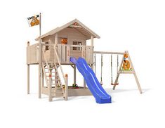 a children's wooden playset with a slide and swing set in front of it