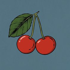 two cherries hanging from a green leaf on a blue background