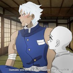 two anime characters one with white hair and the other wearing blue, are facing each other