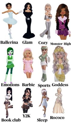 many different types of dolls are shown in this graphic style, with the names on them