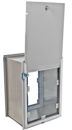 an open door on the side of a white wall mounted enclosure with sliding glass doors