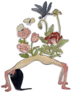 a drawing of a woman doing yoga with flowers and butterflies