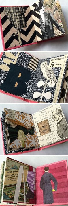 three different views of an open book with pictures on the inside and outside, all in various colors