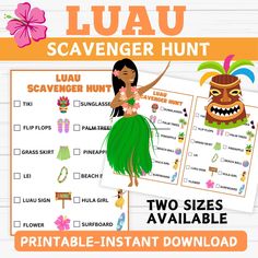 the luau scavenger hunt printable is shown in two sizes and includes an image