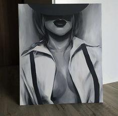 a black and white painting of a woman wearing a cowboy hat with her mouth open