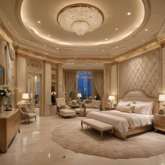 a luxurious bedroom with chandelier, bed, and couch in the middle of the room