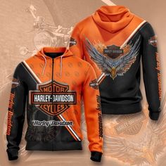 an orange and black harley davidson hoodie