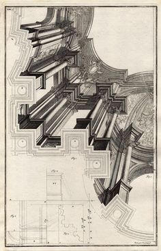 an architectural drawing in black and white, with lines on the bottom left side of it