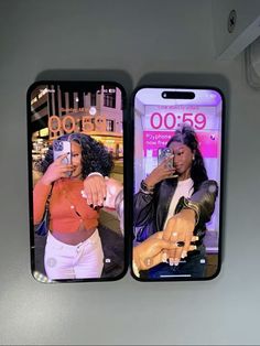 two cell phones with photos of women taking pictures on them, one is holding a camera and the other has a phone