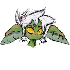 a drawing of a green creature with yellow eyes and white feathers on it's head