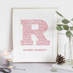 the letter r is made up of words in red and pink on a white background