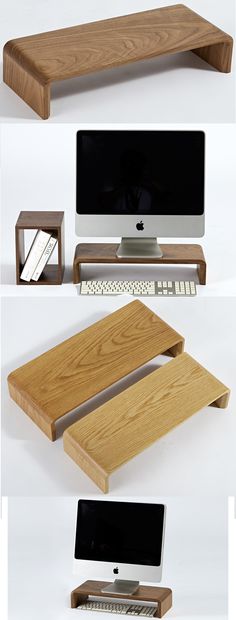 three different types of wooden desks with computers on top and bottom, all in various positions