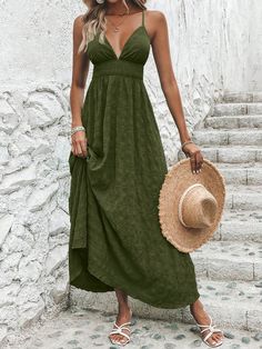 Olive Green Sexy Collar Sleeveless Woven Fabric Plain Cami Embellished Non-Stretch  Women Clothing Vestidos Color Verde, Green Boho Dress, Olive Green Dress, Neon Dresses, Vacay Outfits, Olive Green Dresses, Boho Green, Strappy Dresses, Dress For Short Women