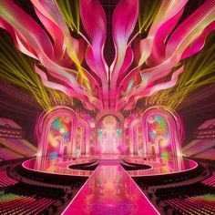 an artistic image of a stage with bright lights and large pink flowers in the center