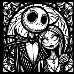 a black and white drawing of jack and sally from the nightmare before christmas, with swirly background