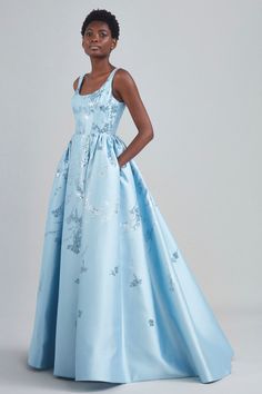 P409J - Metallic Fil-Coupe Gown - Ice-Blue – Amsale Amsale Dress, Fashion Gowns, Little White Dresses, A Line Gown, Ball Gown Dresses, U Neck, Gorgeous Gowns, Looks Vintage, Beautiful Gowns