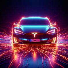 an electric car driving on a road with bright neon lights behind it and the word tesla written in red