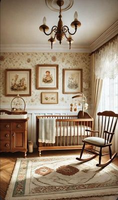 a baby's room with a rocking chair, crib and pictures on the wall