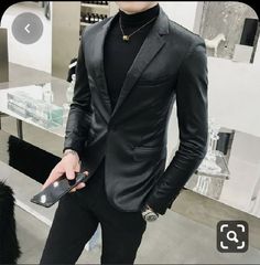 Prom Blazers For Men, Korean Suit, Mens Business Casual, Prom Blazers, Casual Leather Jacket, Slim Blazer, Slim Fit Blazer, Slim Suit, Pu Leather Jacket