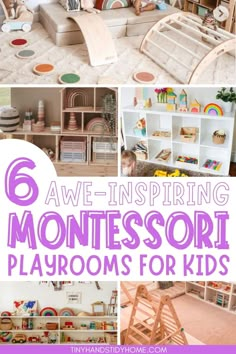 Collage of Montessori playroom ideas. Playroom Ideas Minimalist, Simple Playroom Ideas, Playroom Ideas Montessori, Girls Playroom Ideas, Montessori Room Ideas, Boys Playroom Ideas, Playroom Ideas On A Budget, Playroom Minimalist, Playroom Layout