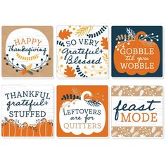 four different thanksgiving cards with pumpkins and leaves