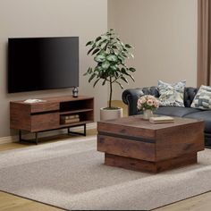 a living room with a couch, coffee table and television on top of the tv stand