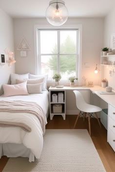 a bedroom with a bed, desk and window