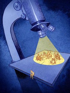 an illustration of a microscope with people looking at something in the light from it's side