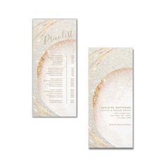 a white and gold wedding program card with glitter on the front, side and back