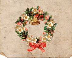 an old fashioned christmas card with a wreath and bells