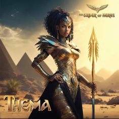 an egyptian woman holding a spear in front of pyramids and the word thema