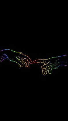 two hands touching each other with colored lines in the middle of their fingers, against a black background